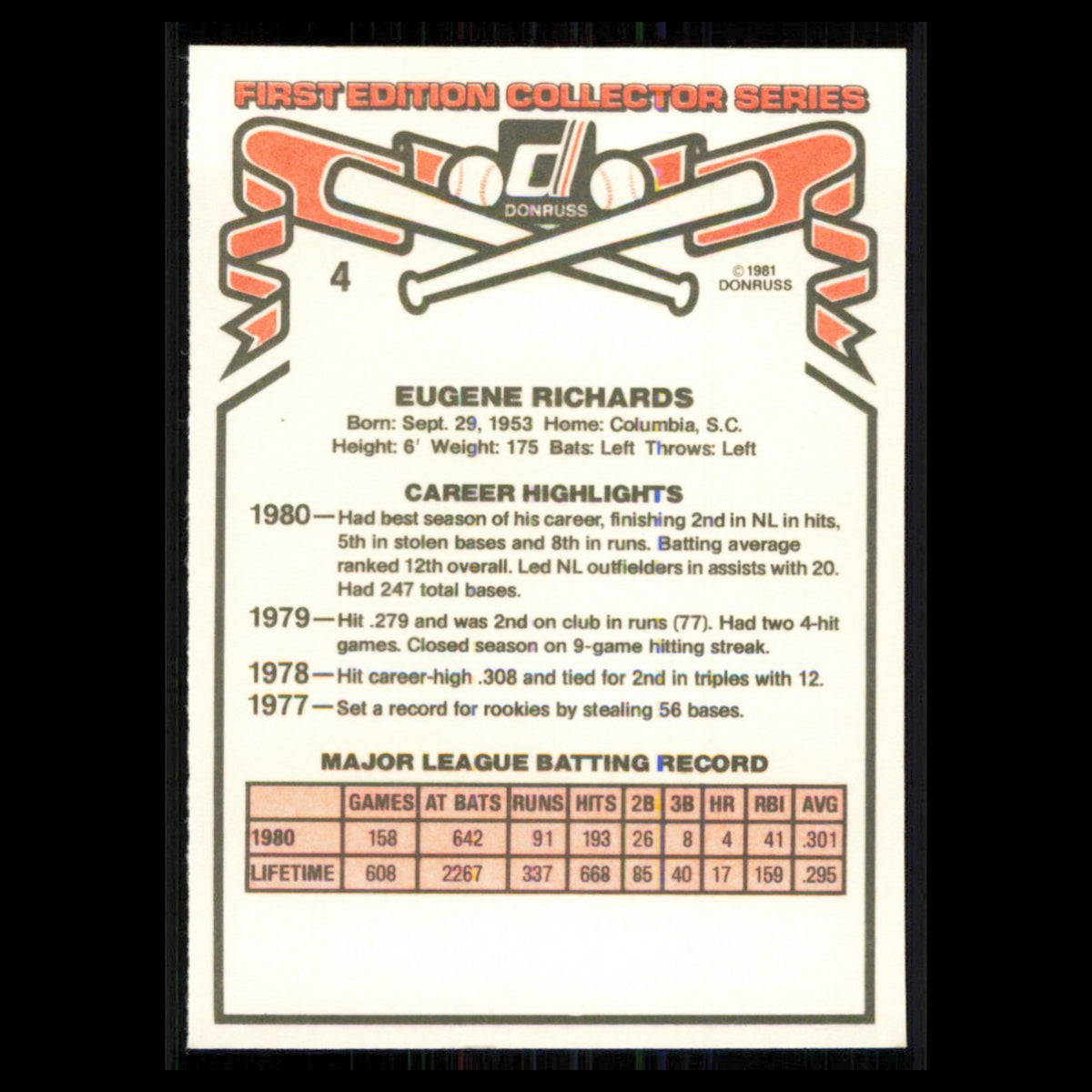Gene Richards #4 1981 Donruss San Diego Padres Baseball Card MLB NM