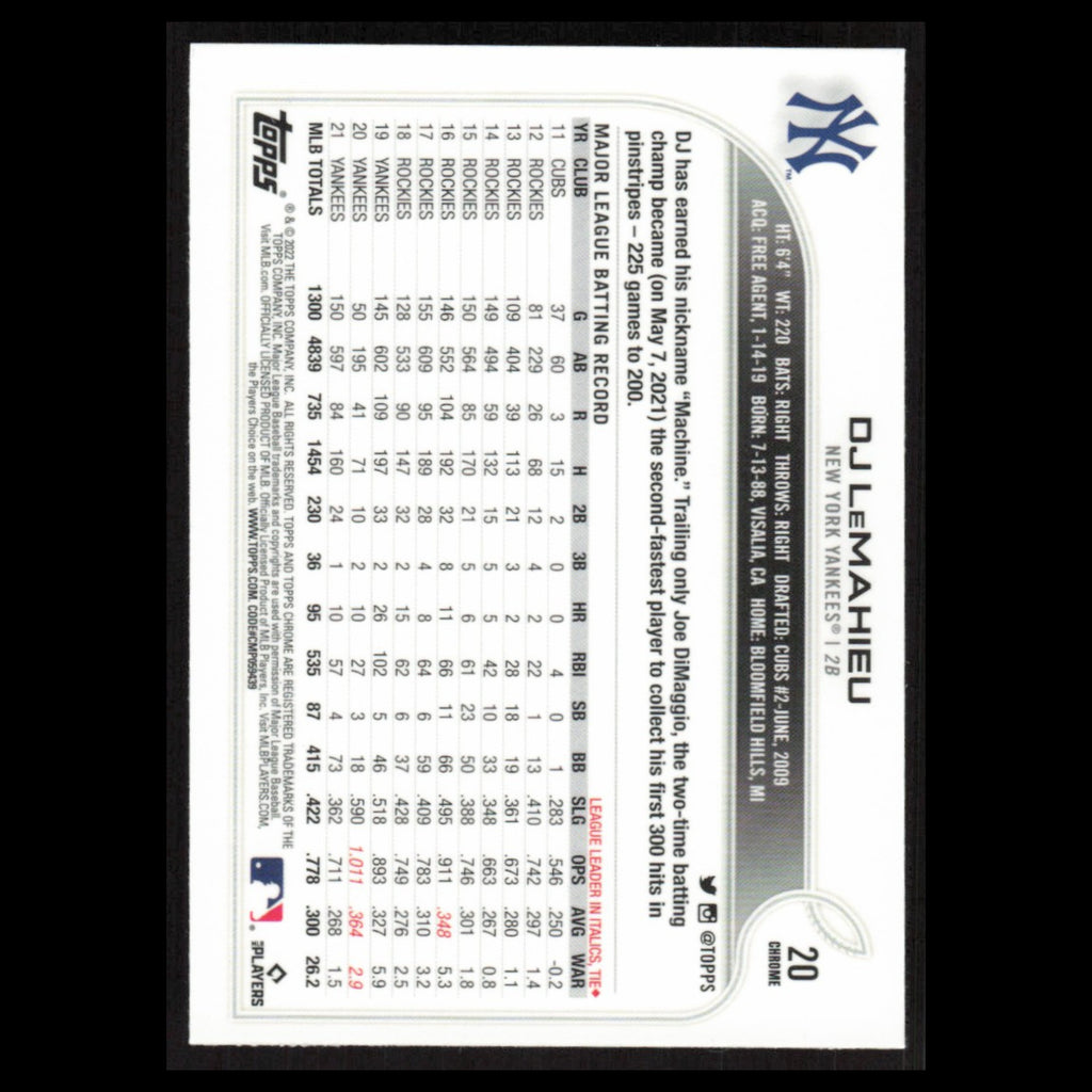 DJ LeMahieu #20 2022 Topps Chrome New York Yankees Baseball Card MLB NM