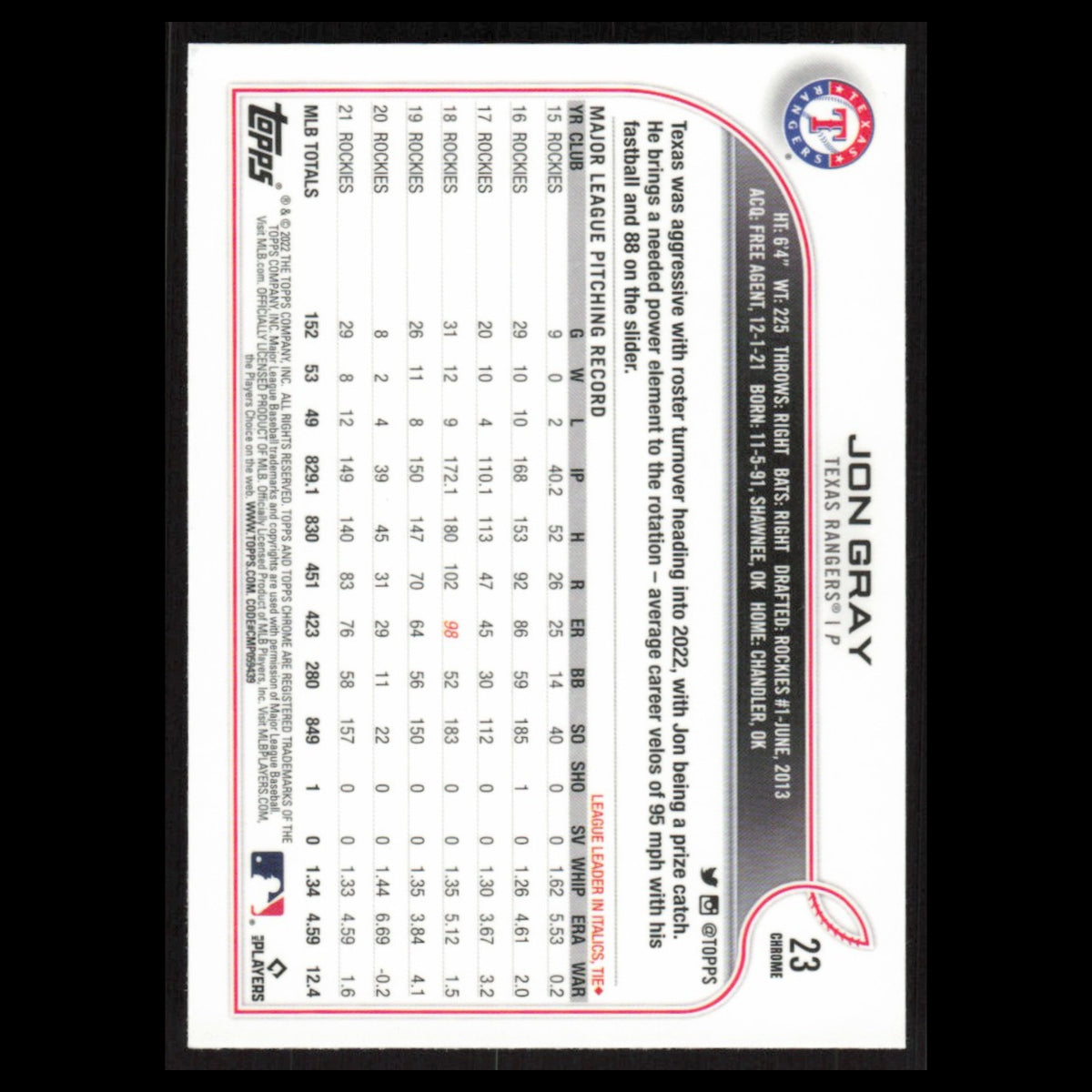 Jon Gray #23 2022 Topps Chrome Texas Rangers Baseball Card MLB NM