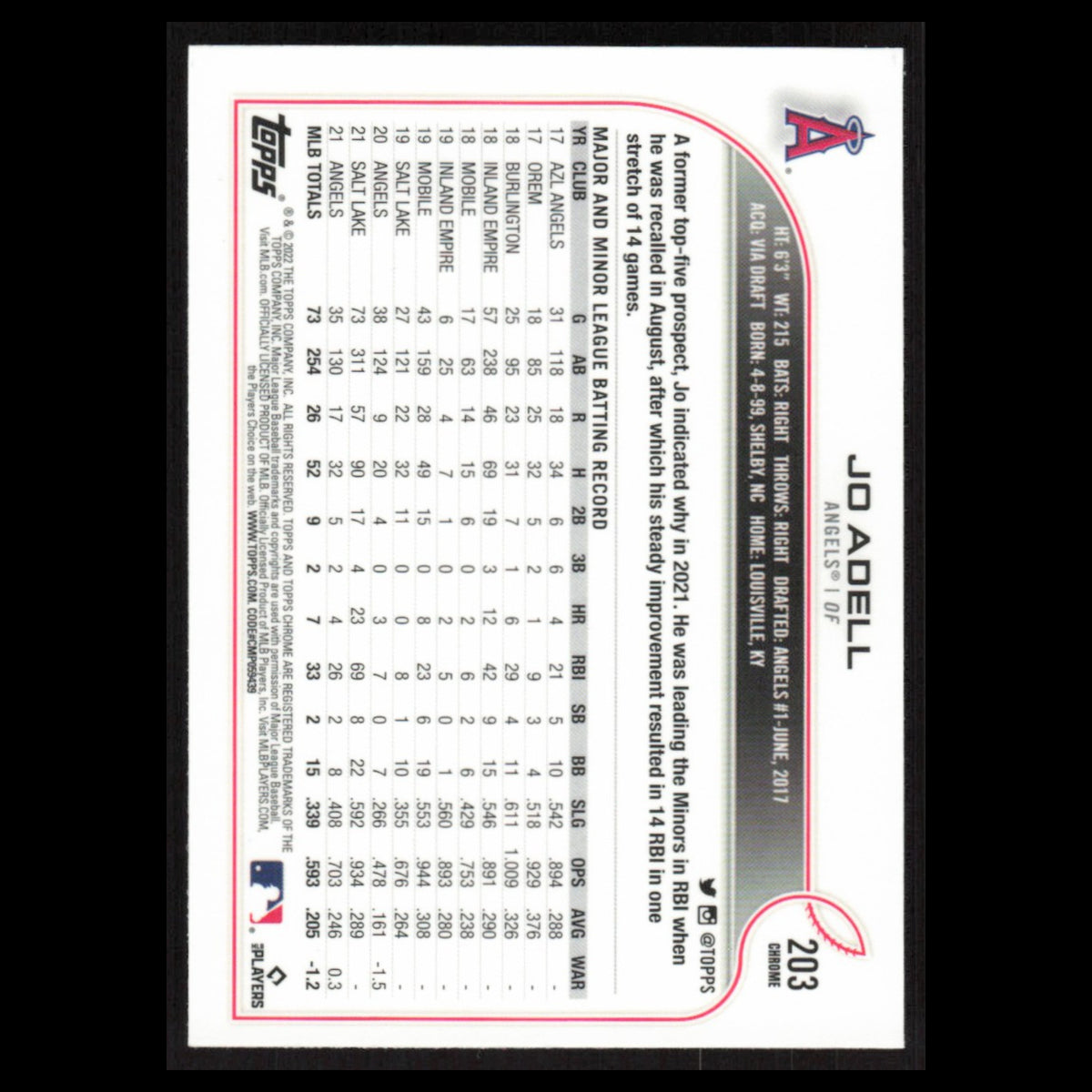 Jo Adell #203 2022 Topps Chrome Los Angeles Angels Baseball Card MLB NM