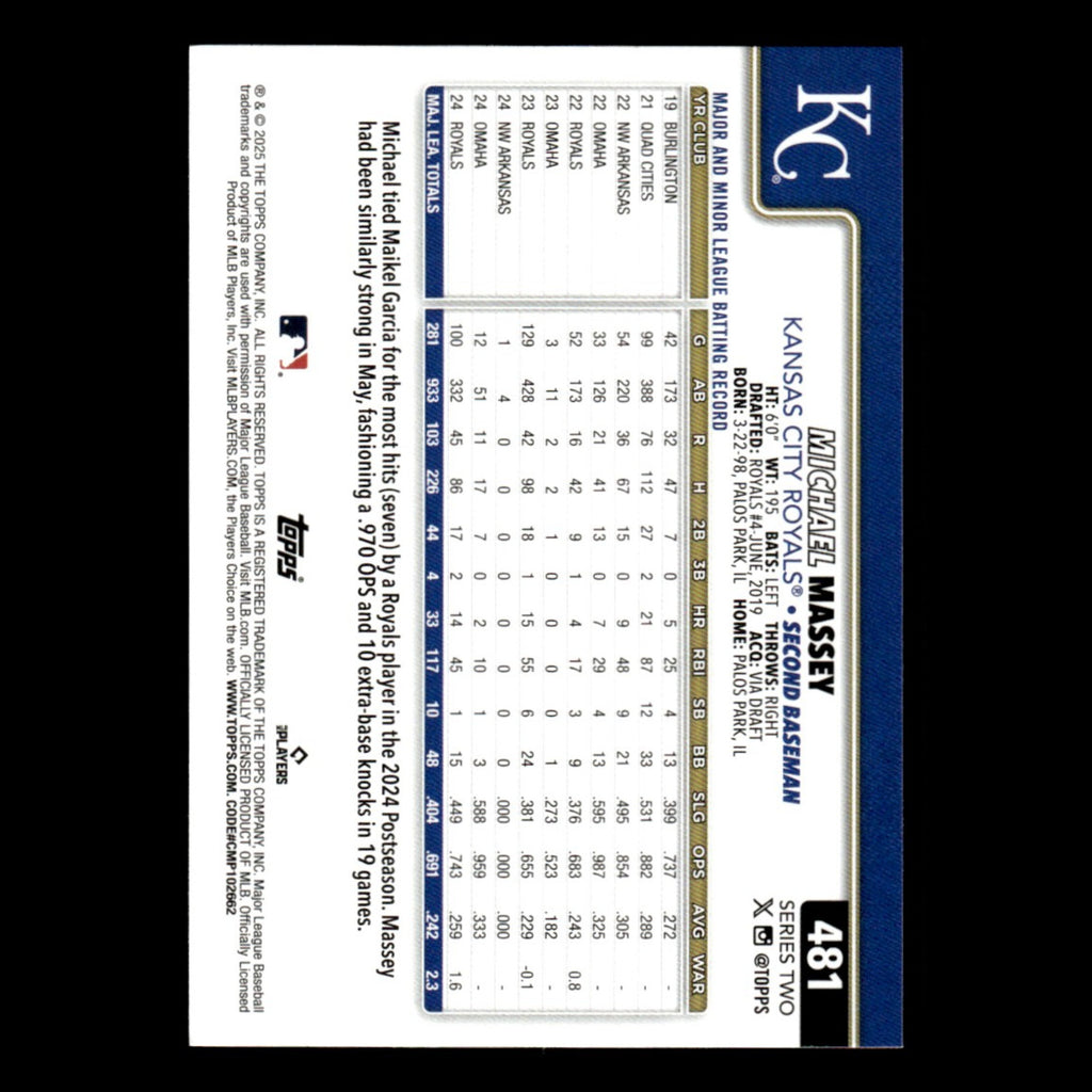 Michael Massey #481 2025 Topps Kansas City Royals Baseball Card MLB NM