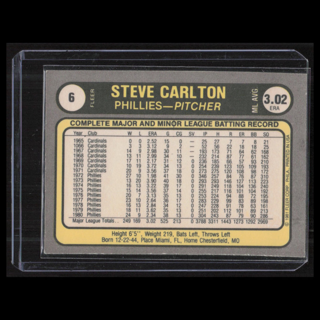Steve Carlton #6 1981 Fleer Philadelphia Phillies Baseball Card MLB NM