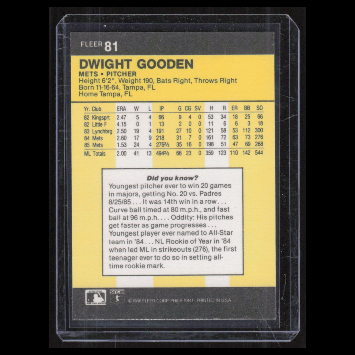 Dwight Gooden #81 1986 Fleer New York Mets Baseball Card MLB NM