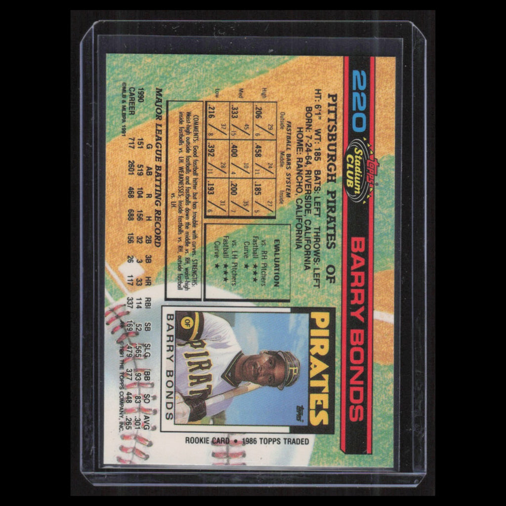 Barry Bonds #220 1991 Stadium Club Pittsburgh Pirates Baseball Card MLB NM
