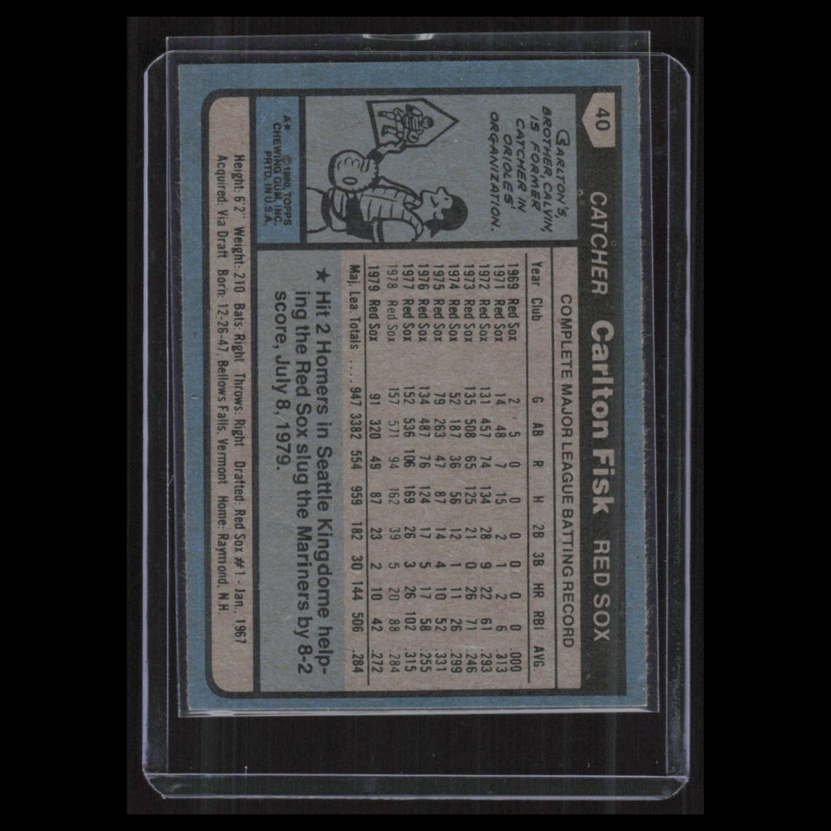 Carlton Fisk #40 1980 Topps Boston Red Sox Baseball Card MLB NM