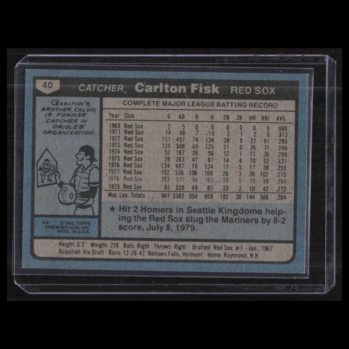 Carlton Fisk #40 1980 Topps Boston Red Sox Baseball Card MLB NM
