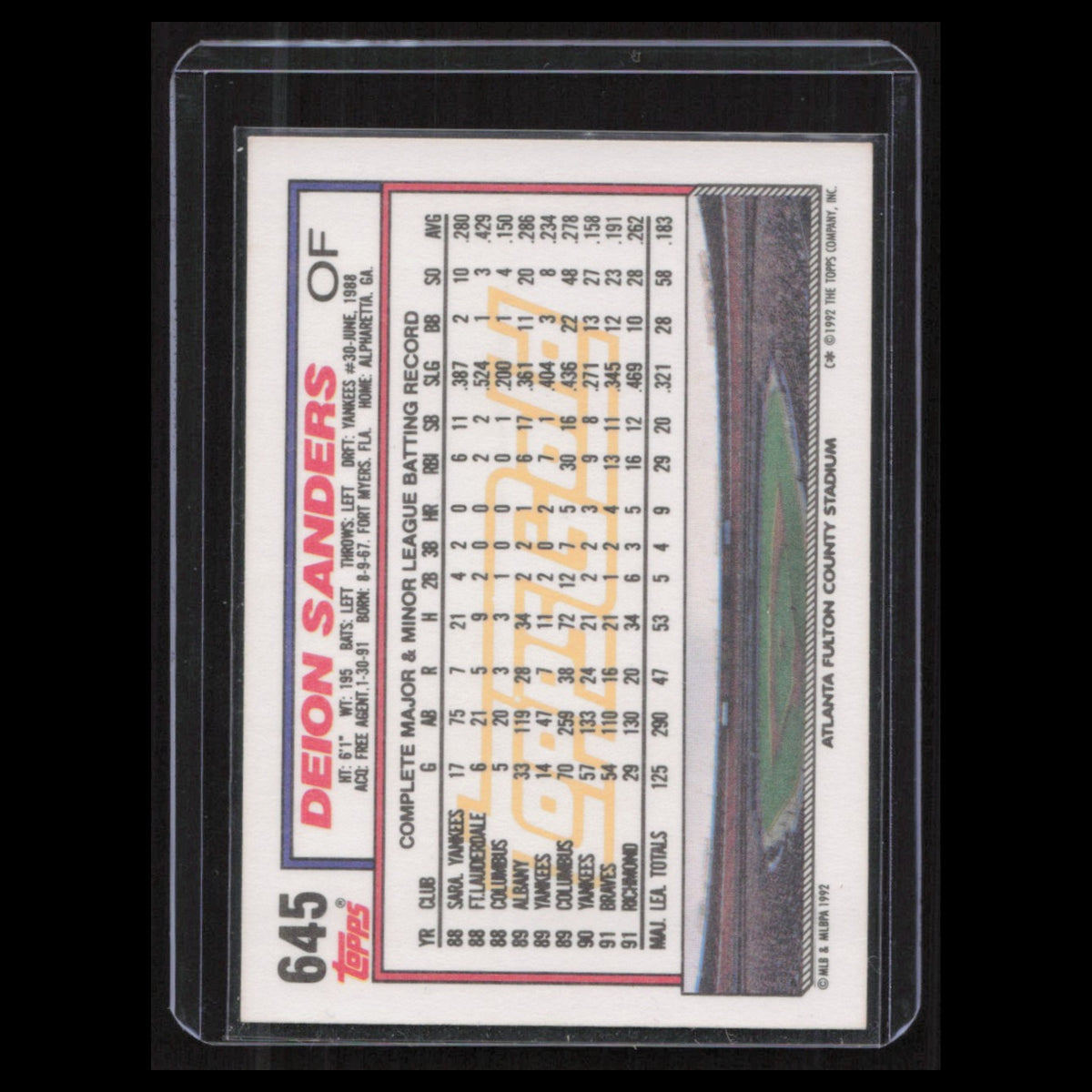 Deion Sanders #645 1992 Topps gold winner Atlanta Braves Baseball Card MLB NM
