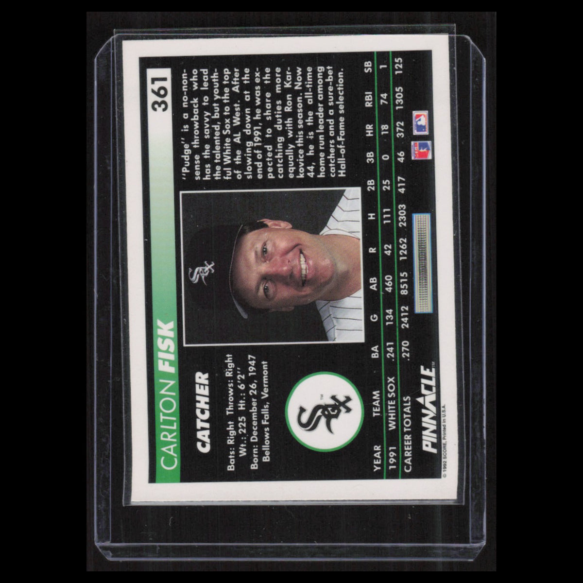 Carlton Fisk #361 1992 Pinnacle Chicago White Sox Baseball Card MLB NM