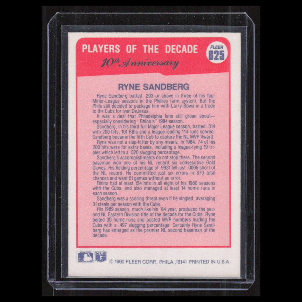 Ryne Sandberg #625 1990 Fleer Chicago Cubs Baseball Card MLB NM