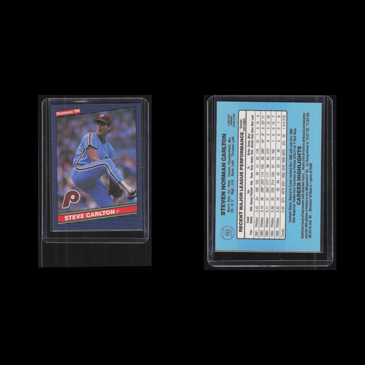 Steve Carlton #183 1986 Donruss Philadelphia Phillies Baseball Card MLB NM