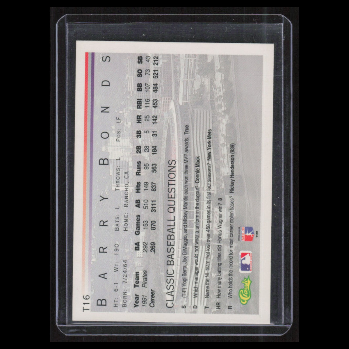 Barry Bonds #T16 1992 Classic I Pittsburgh Pirates Baseball Card MLB NM