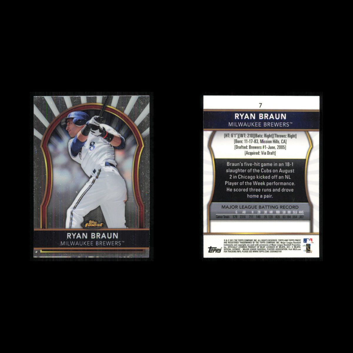 Ryan Braun #7 2011 Topps Finest Milwaukee Brewers Baseball Card MLB NM