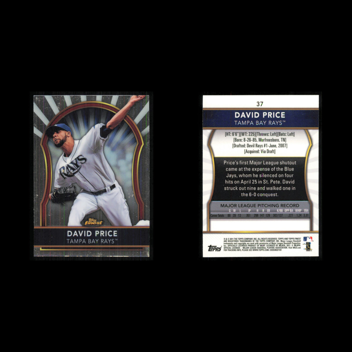 David Price #37 2011 Topps Finest Tampa Bay Rays Baseball Card MLB NM