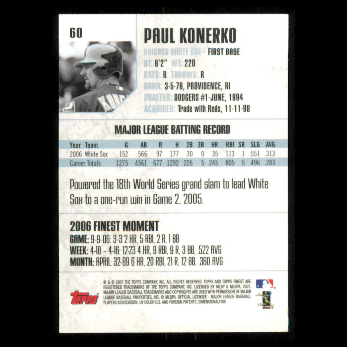 Paul Konerko #60 2007 Topps Finest Chicago White Sox Baseball Card MLB NM