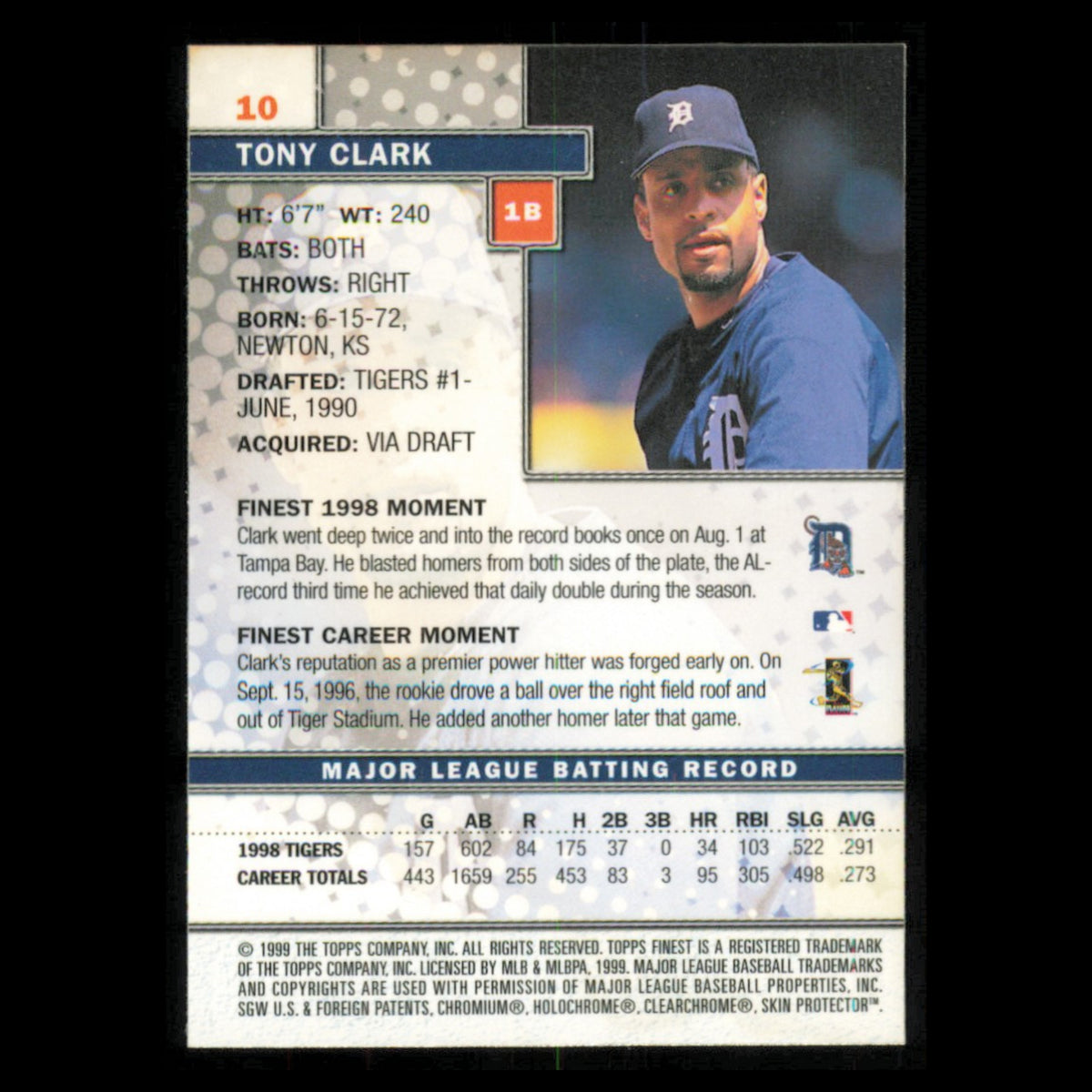 Tony Clark #10 1999 Topps Finest Detroit Tigers Baseball Card MLB NM