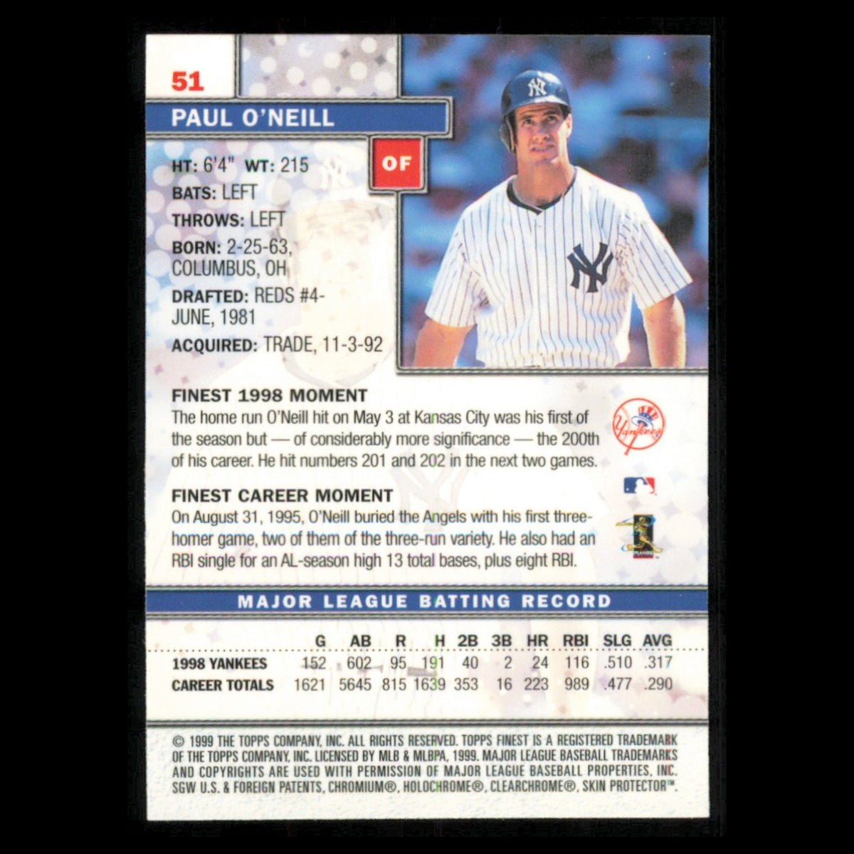Paul ONeill #51 1999 Topps Finest New York Yankees Baseball Card MLB NM