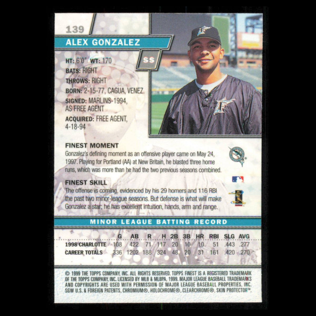 Alex Gonzalez #139 1999 Topps Finest Florida Marlins Baseball Card MLB NM