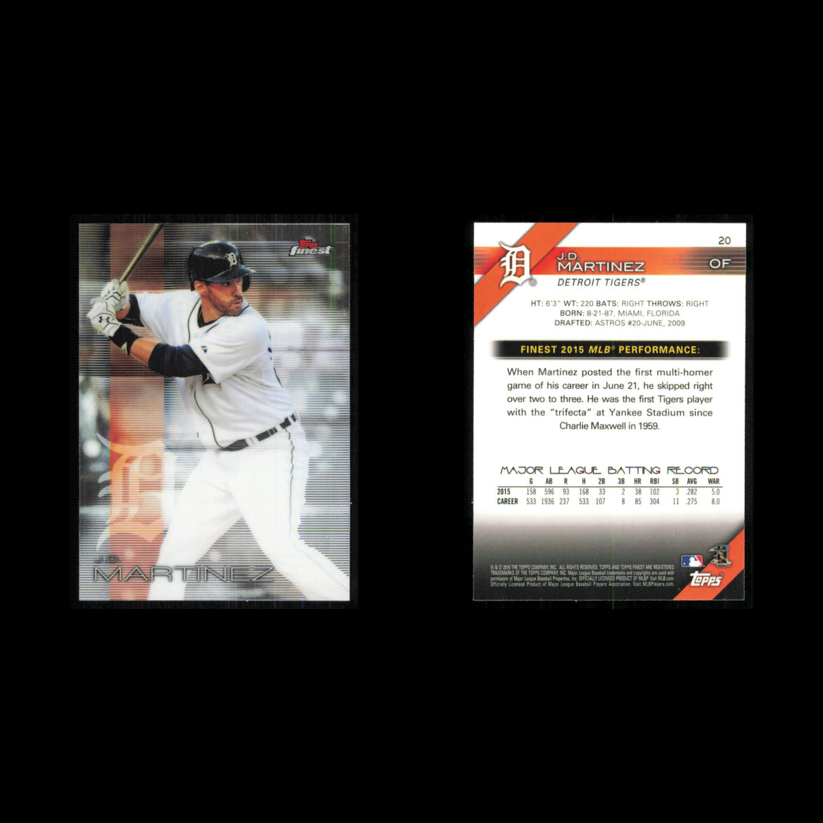 J.D. Martinez #20 2016 Topps Finest Detroit Tigers Baseball Card MLB NM