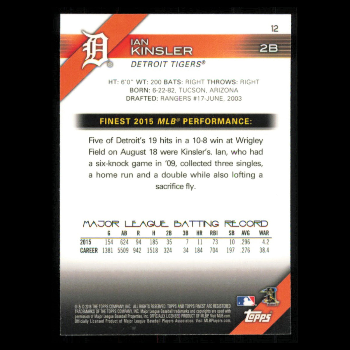 Ian Kinsler #12 2016 Topps Finest Detroit Tigers Baseball Card MLB NM