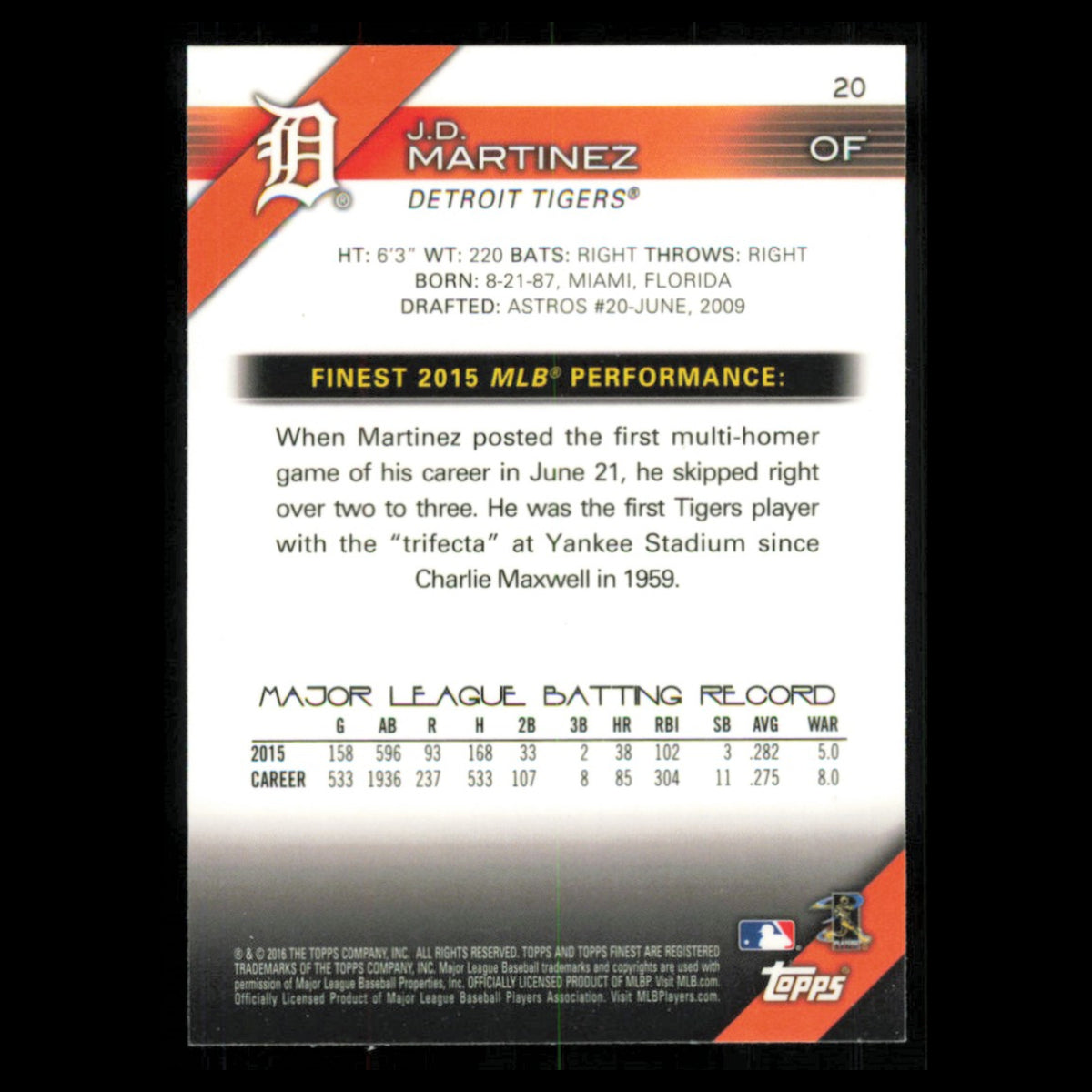 J.D. Martinez #20 2016 Topps Finest Detroit Tigers Baseball Card MLB NM