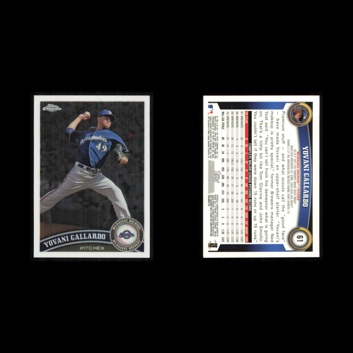 Yovani Gallardo #61 2011 Topps Chrome Milwaukee Brewers Baseball Card MLB NM