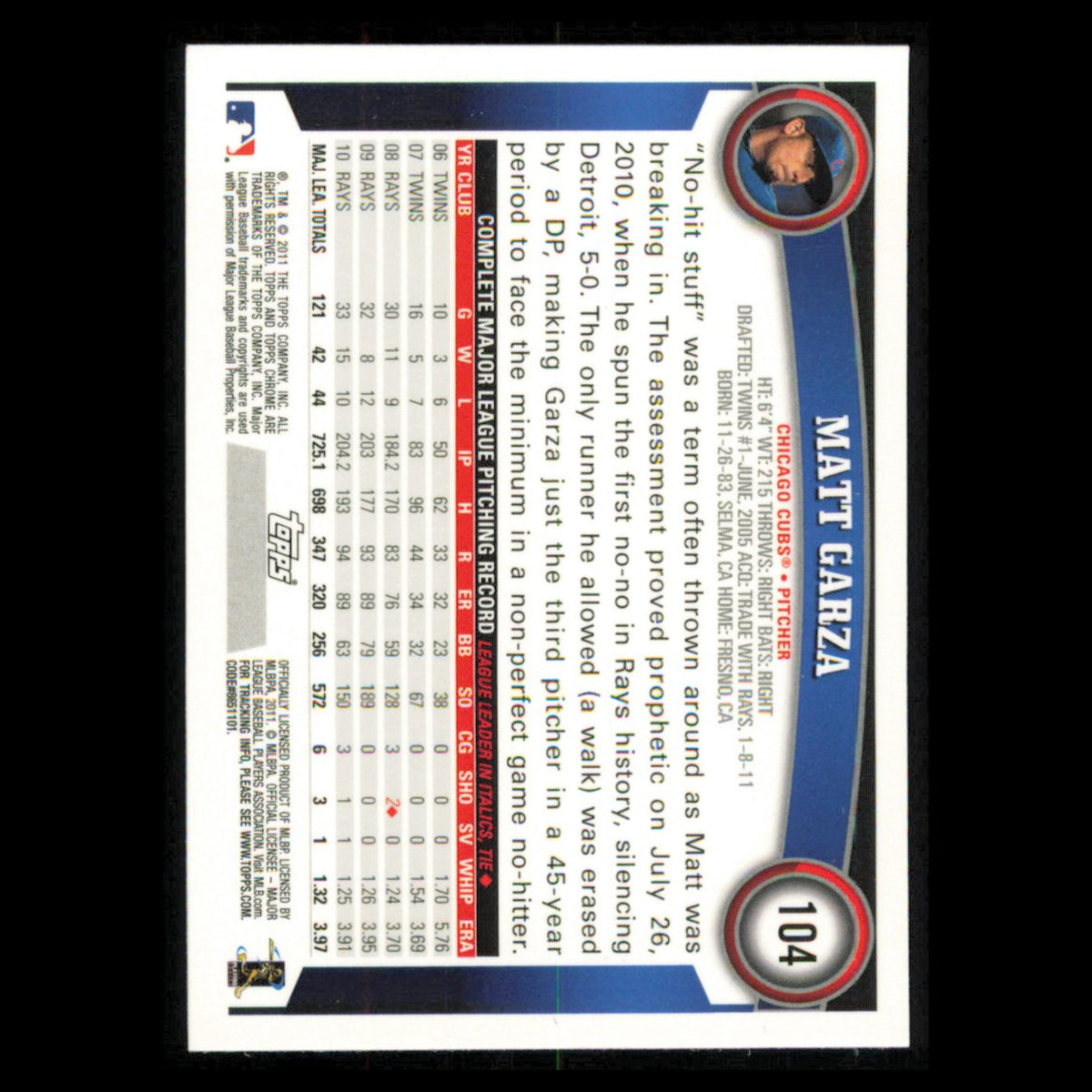 Matt Garza #104 2011 Topps Chrome Refractors Chicago Cubs Baseball Card MLB NM