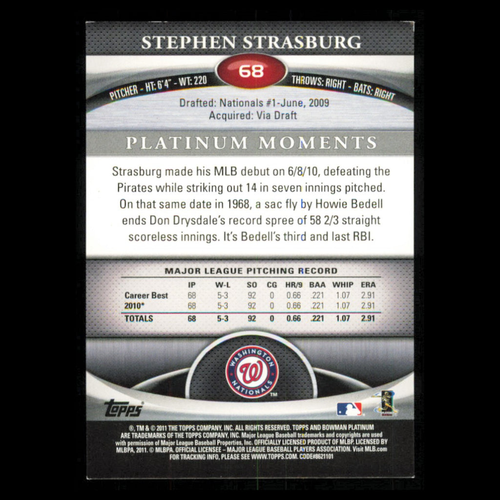 Stephen Strasburg #68 2011 Bowman Platinum Washington Nationals Baseball Card NM