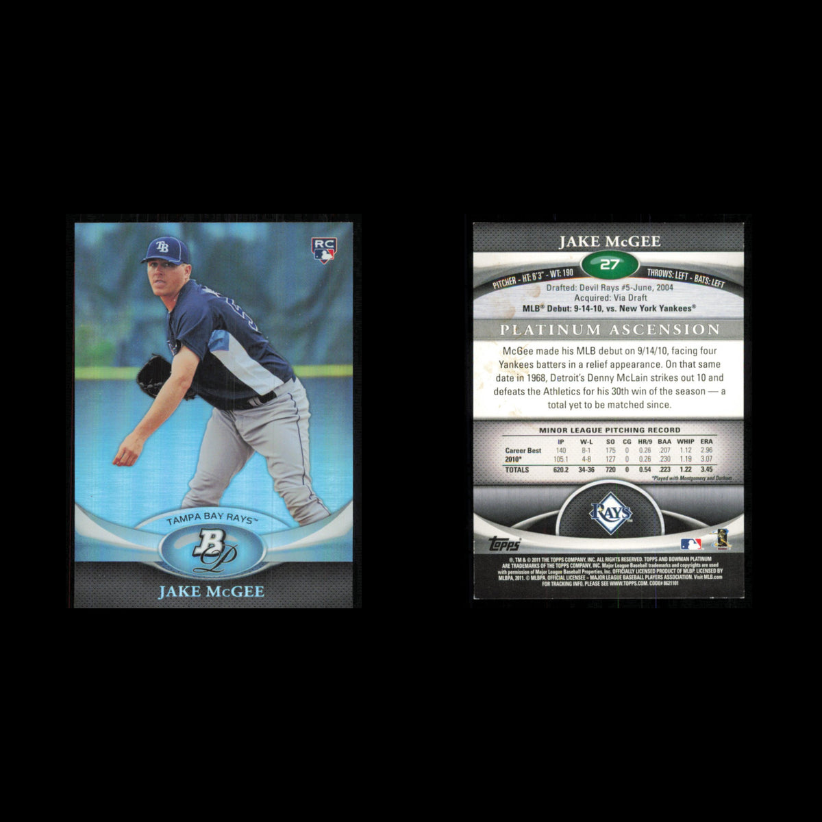 Jake McGee Rookie #27 2011 Bowman Platinum Tampa Bay Rays Baseball Card MLB NM