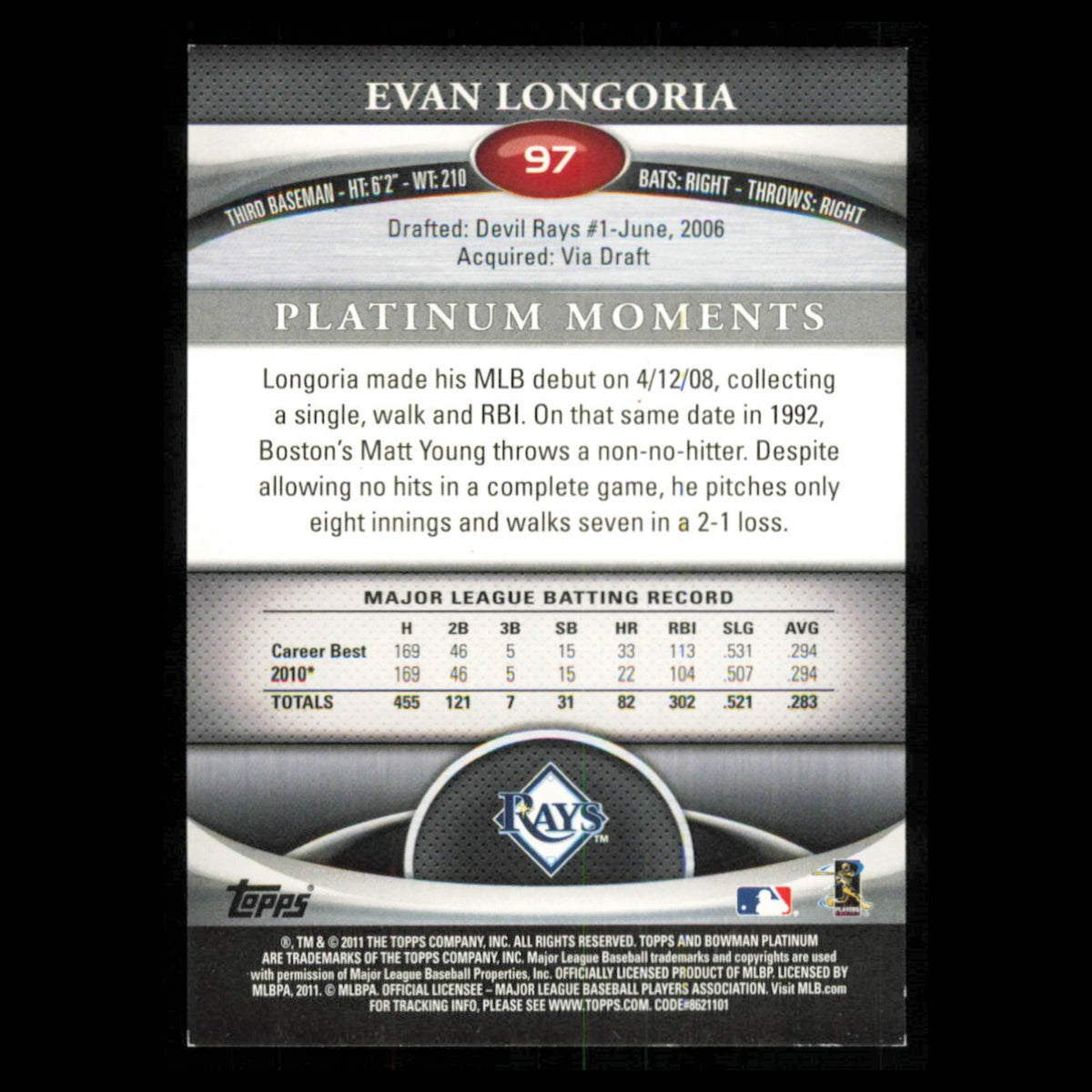 Evan Longoria #97 2011 Bowman Platinum Tampa Bay Rays Baseball Card MLB NM
