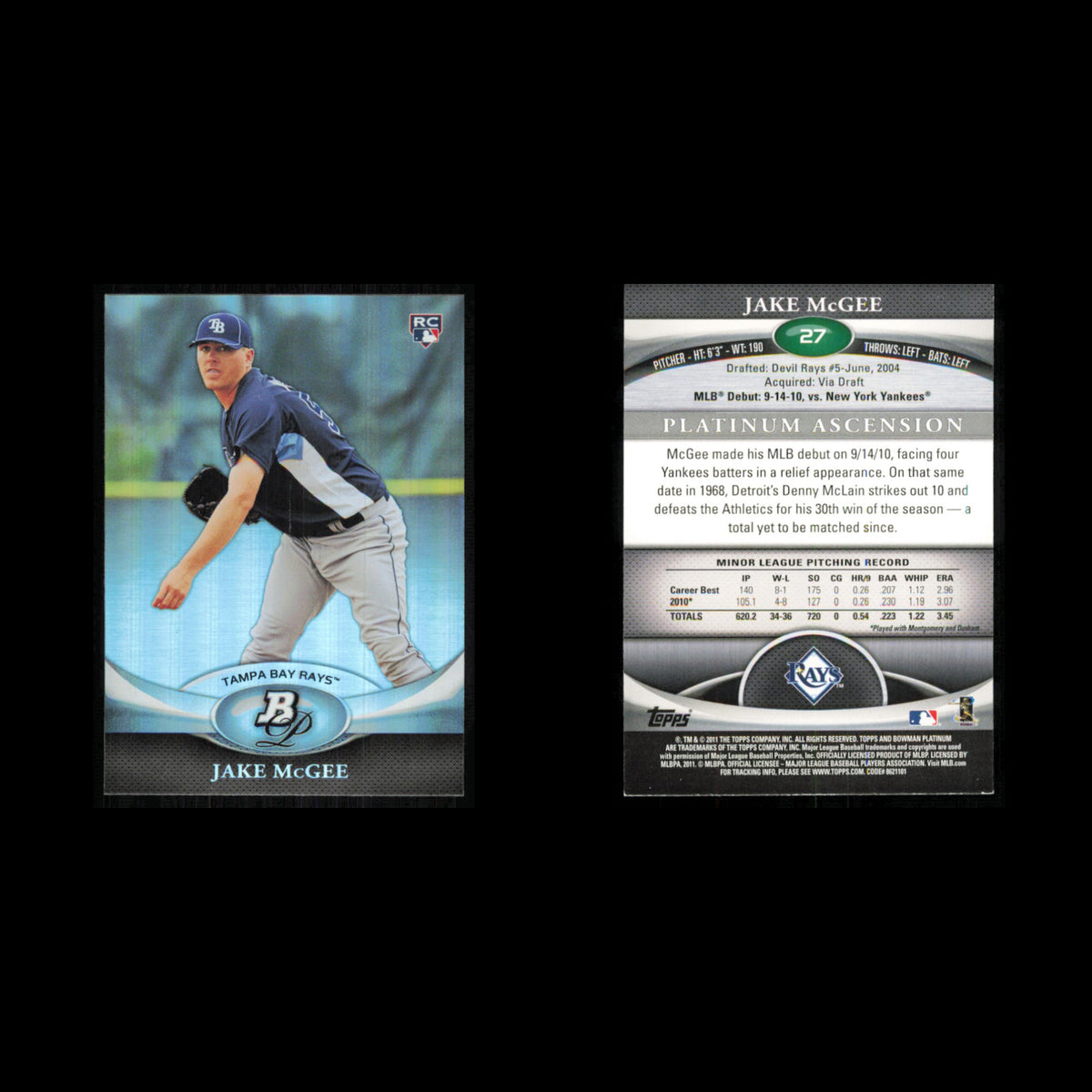 Jake McGee Rookie #27 2011 Bowman Platinum Tampa Bay Rays Baseball Card MLB NM