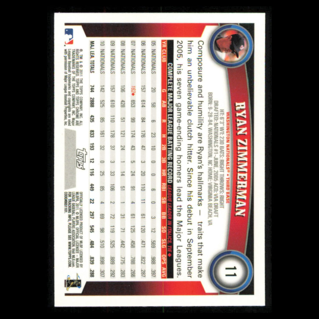 Ryan Zimmerman #11 2011 Topps Chrome Washington Nationals Baseball Card MLB NM