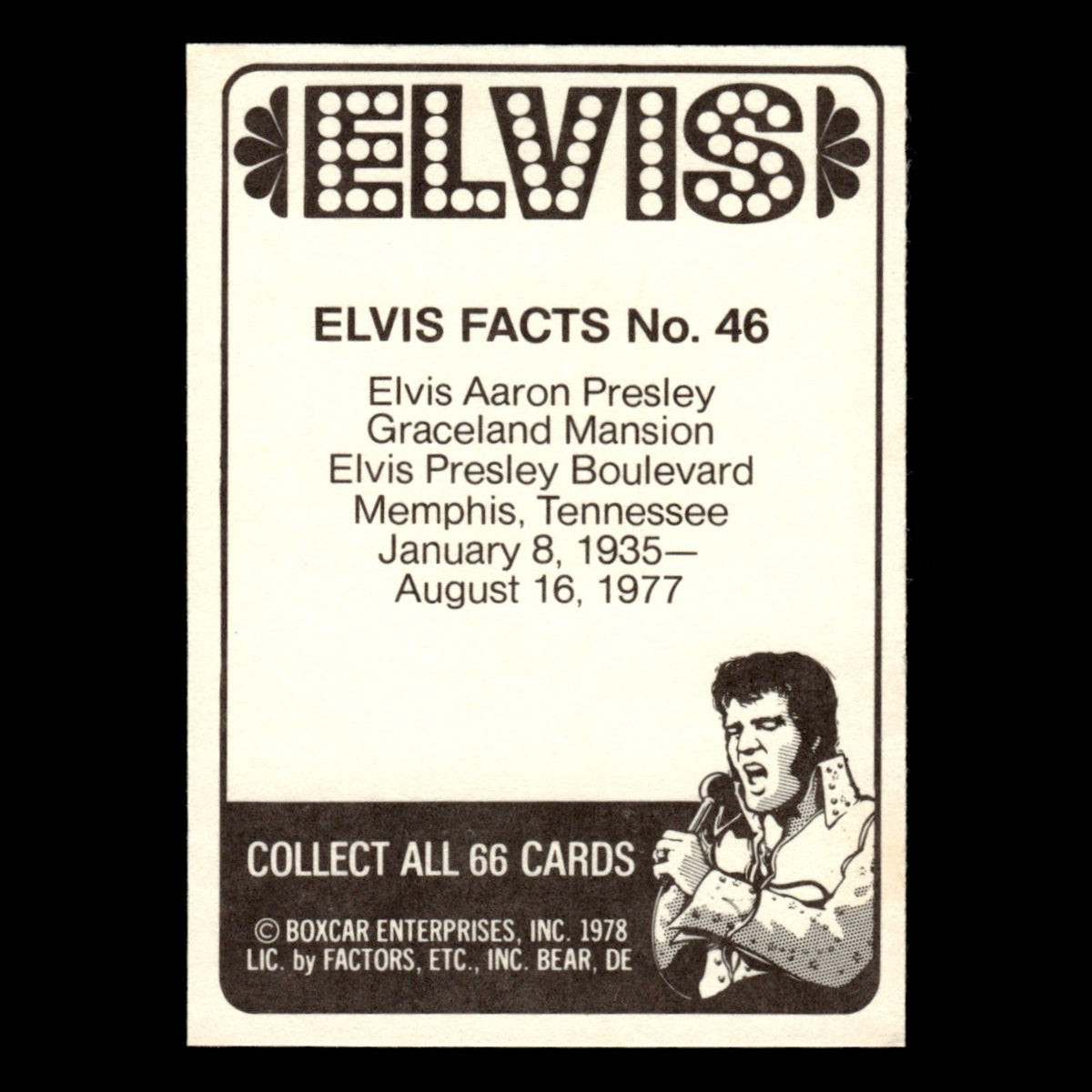 Elvis Presley #46 1978 Boxcar Elvis Facts Baseball Card MLB EX