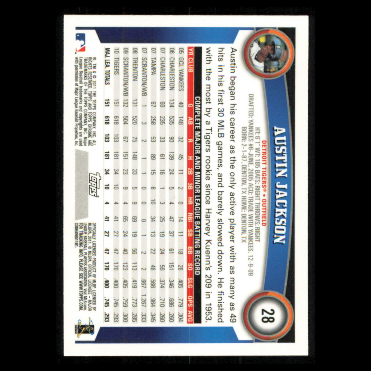 Austin Jackson #28 2011 Topps Chrome Detroit Tigers Baseball Card MLB NM