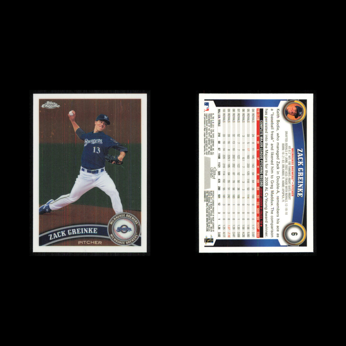Zack Greinke #6 2011 Topps Chrome Milwaukee Brewers Baseball Card MLB NM