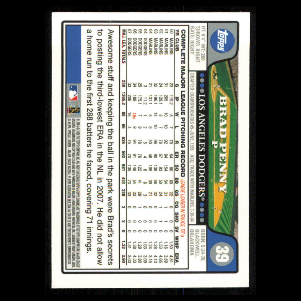 Brad Penny #39 2008 Topps Chrome Los Angeles Dodgers Baseball Card MLB NM