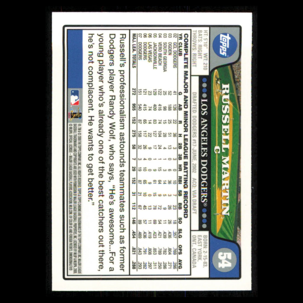 Russell Martin #54 2008 Topps Chrome Los Angeles Dodgers Baseball Card MLB NM