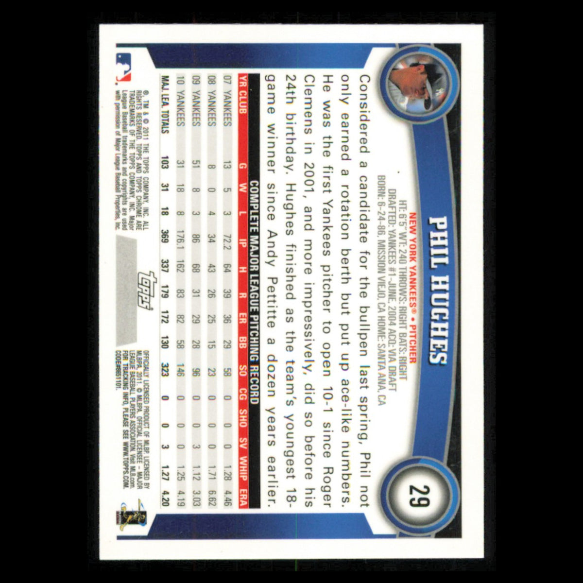 Phil Hughes #29 2011 Topps Chrome New York Yankees Baseball Card MLB NM