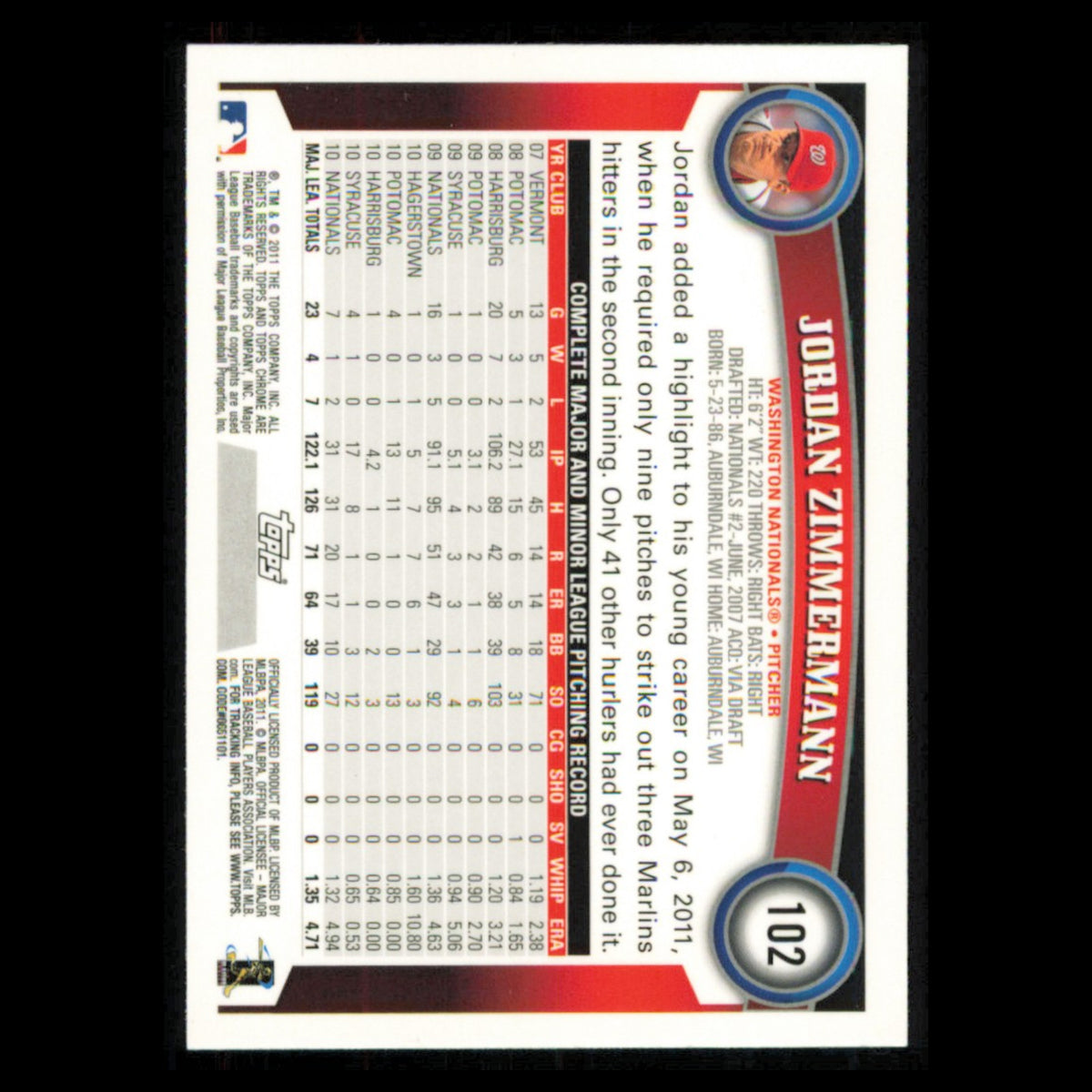 Jordan Zimmermann #102 2011 Topps Chrome Washington Nationals Baseball Card MLB