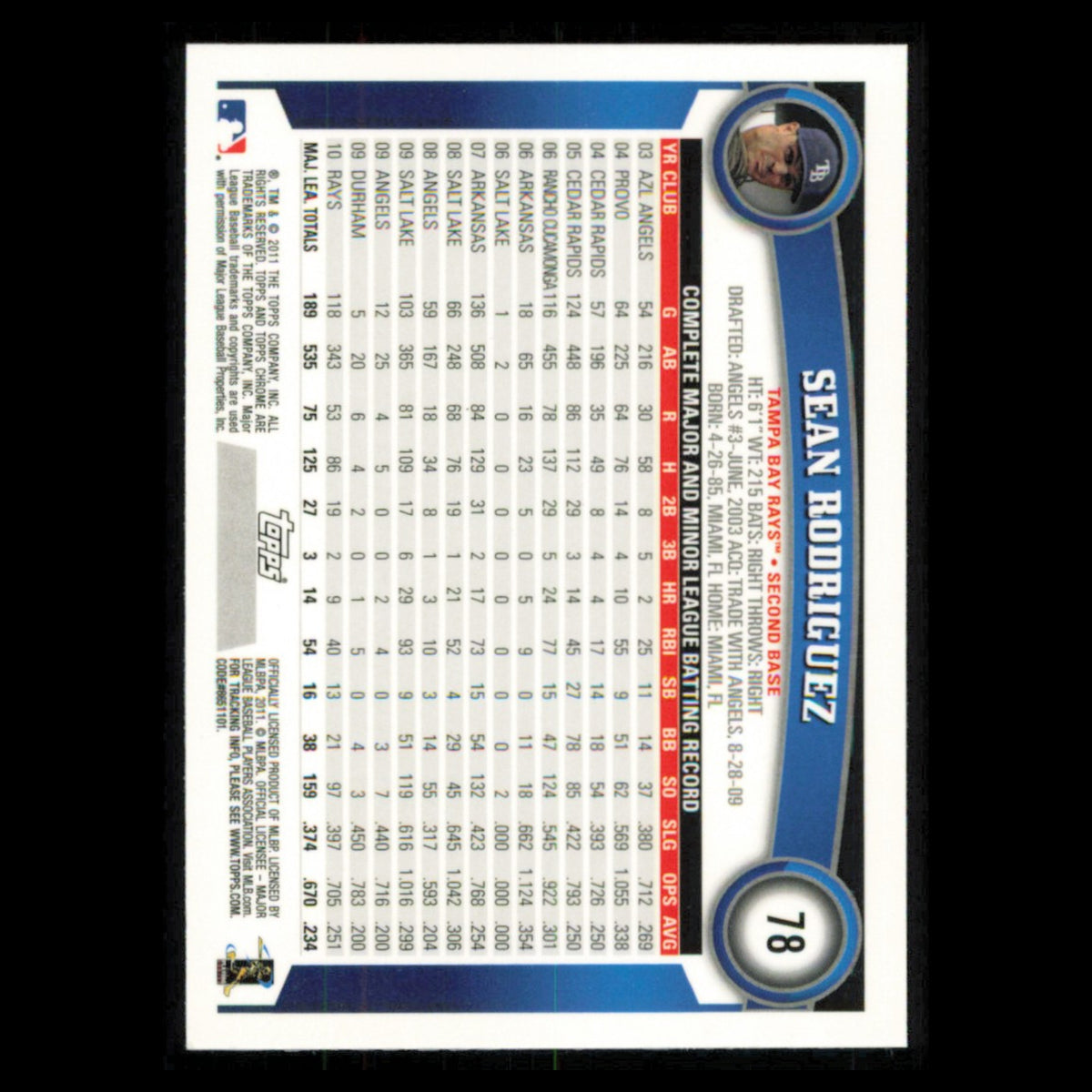 Sean Rodriguez #78 2011 Topps Chrome Tampa Bay Rays Baseball Card MLB NM