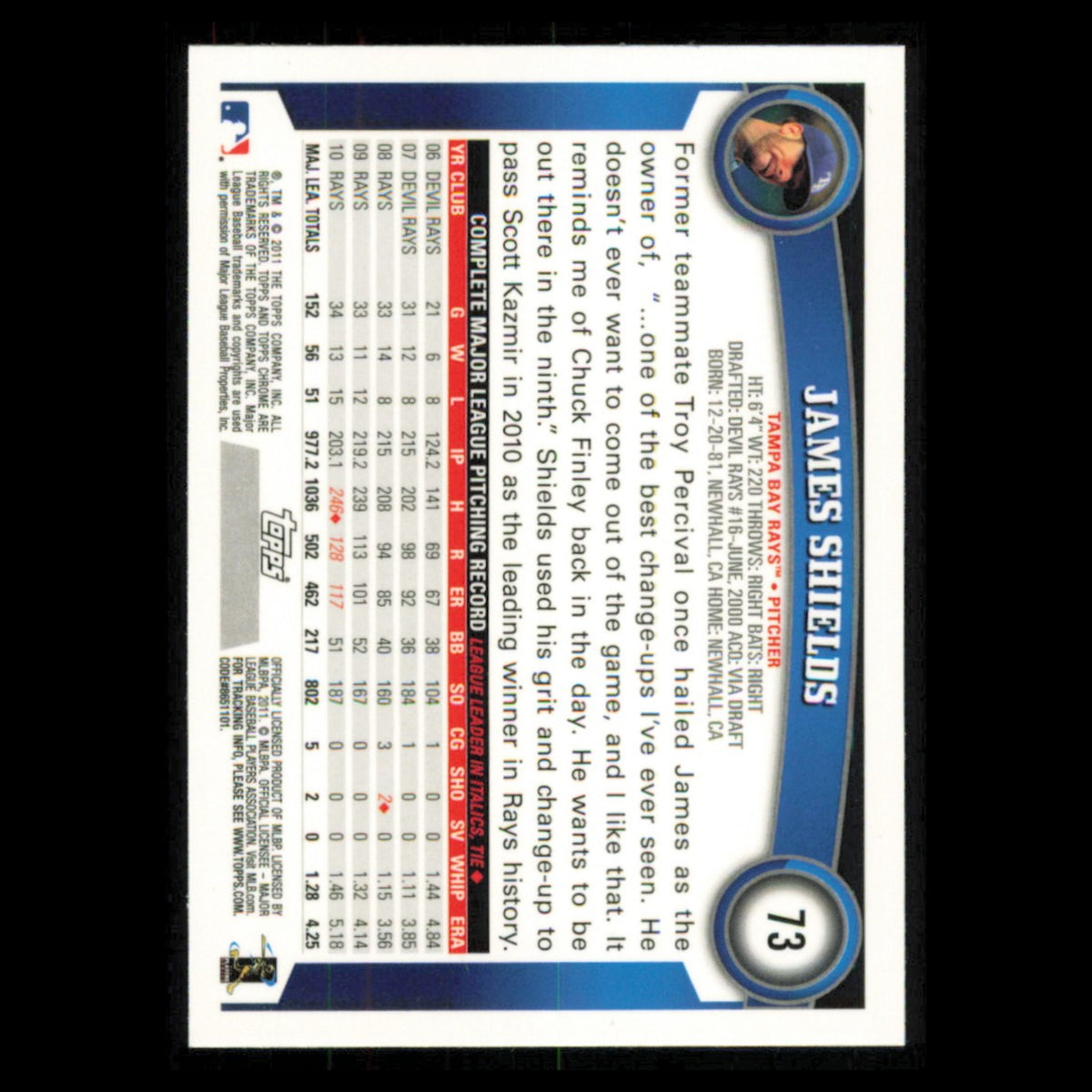 James Shields #73 2011 Topps Chrome Tampa Bay Rays Baseball Card MLB NM