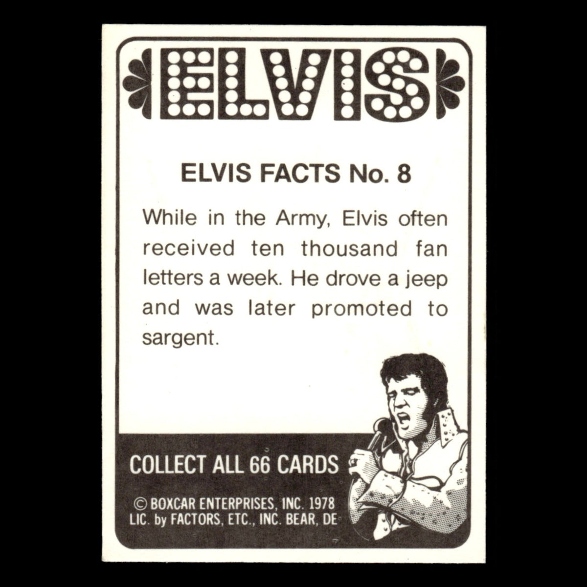 Elvis Presley #8 1978 Boxcar Elvis Facts Baseball Card MLB EX