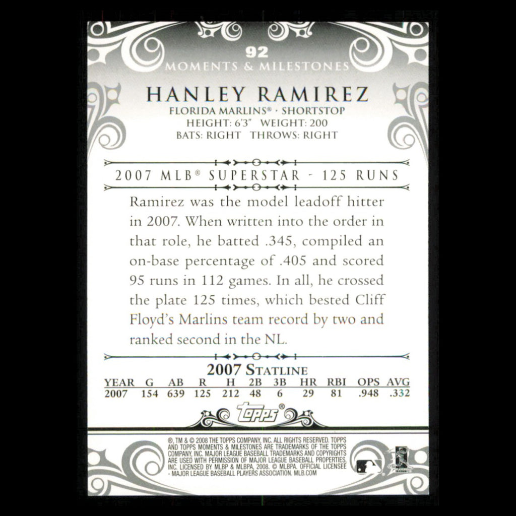 Hanley Ramirez /150 #92-35 2008 Topps Moments - Milestones Florida Marlins Card
