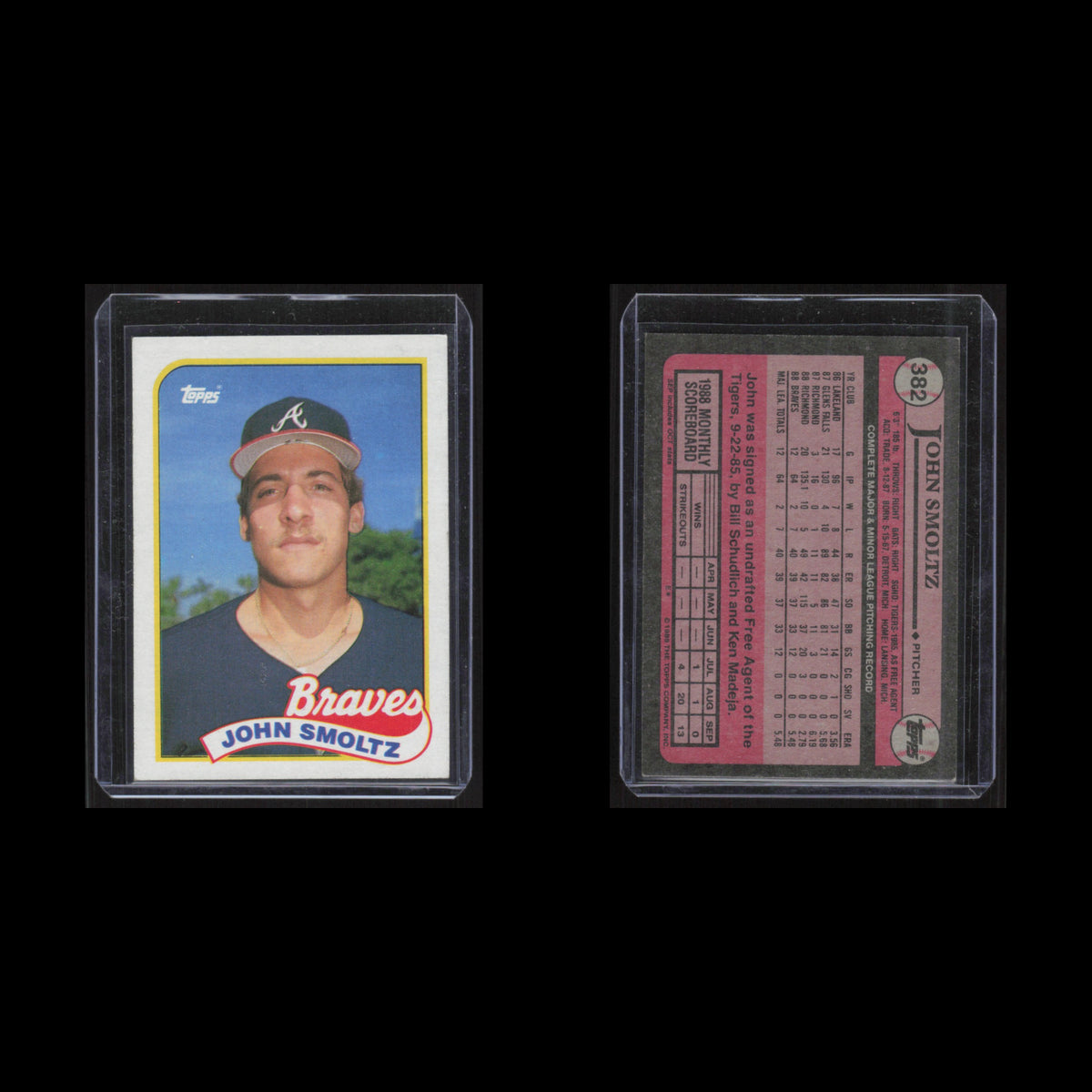 John Smoltz Rookie #382 1989 Topps Atlanta Braves Baseball Card MLB NM