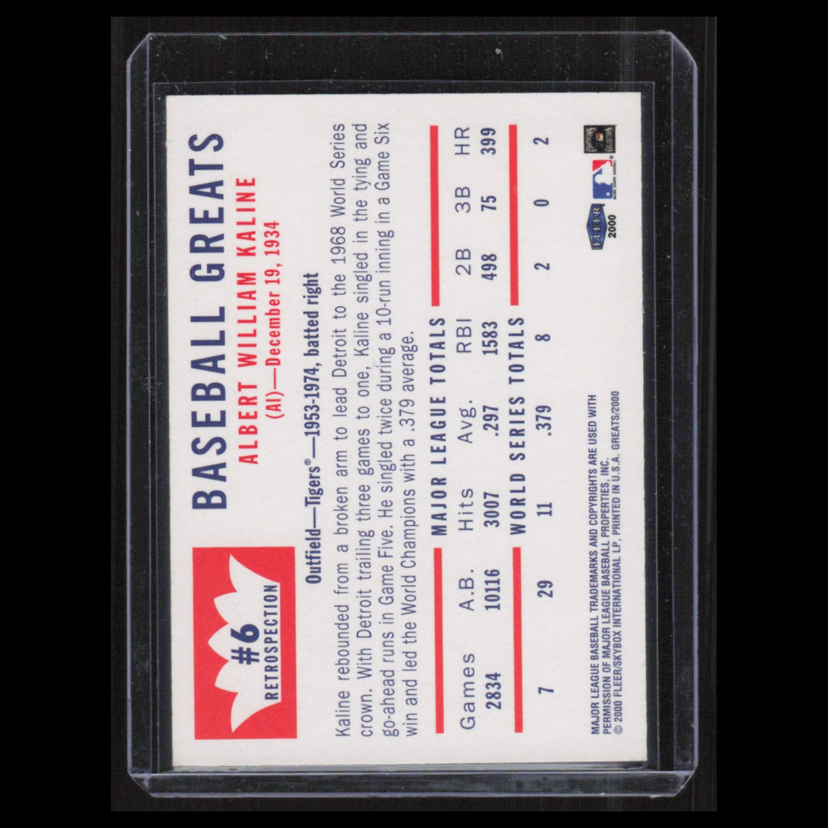 Al Kaline #6 2000 Fleer Greats of the Game Retrospection Detroit Tigers Baseball