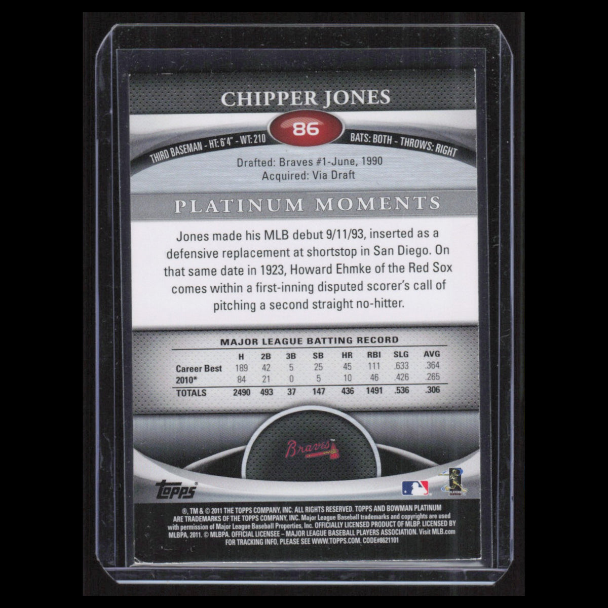 Chipper Jones #86 2011 Bowman Platinum Gold Atlanta Braves Baseball Card MLB NM