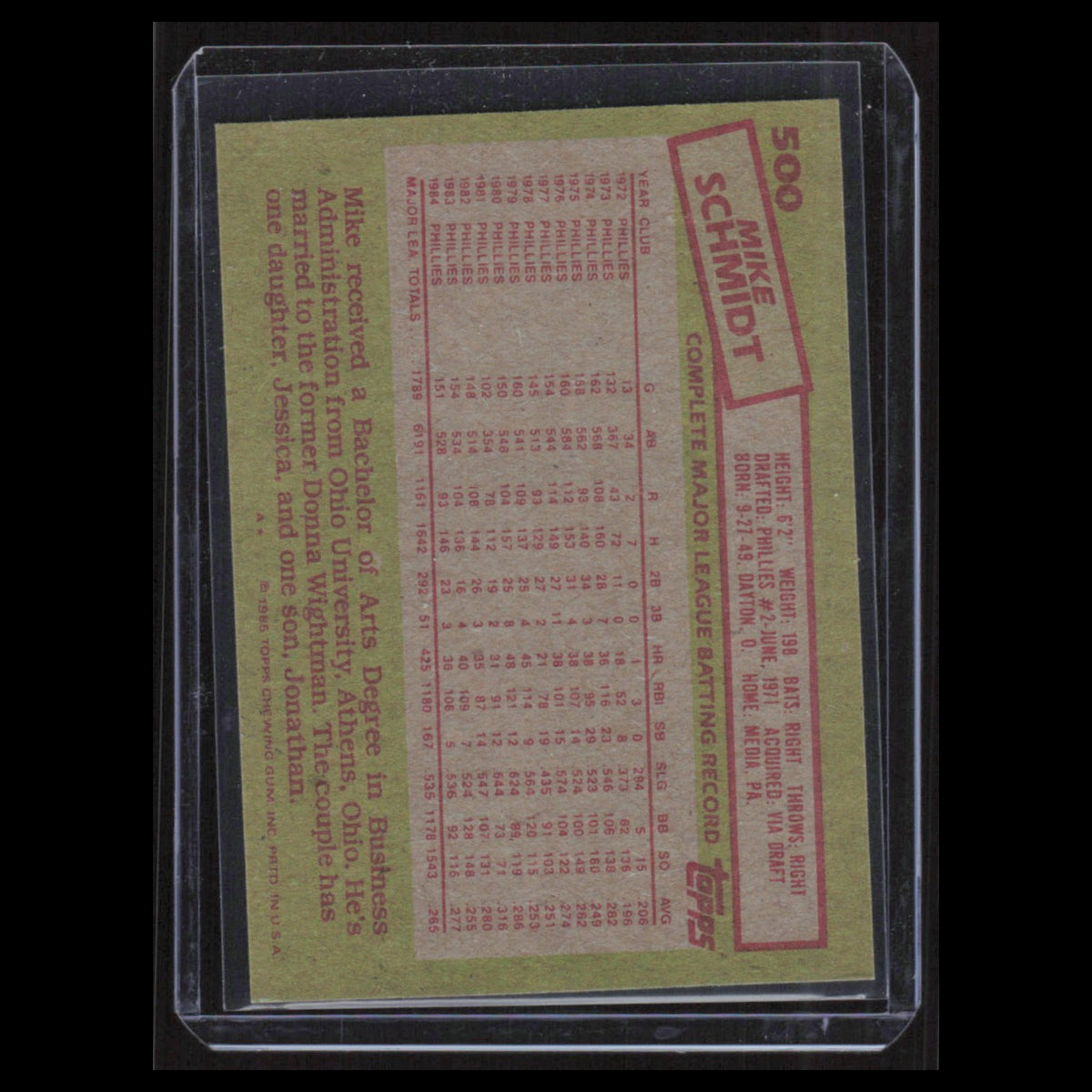 Mike Schmidt #500 1985 Topps Philadelphia Phillies Baseball Card MLB NM