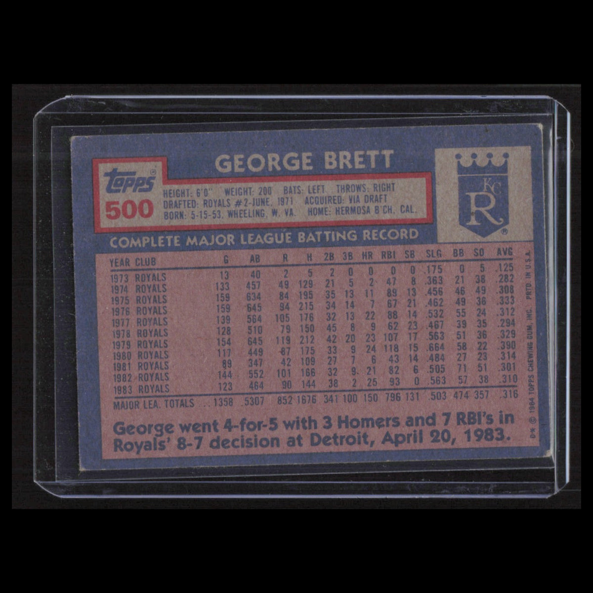 George Brett #500 1984 Topps Kansas City Royals Baseball Card MLB NM