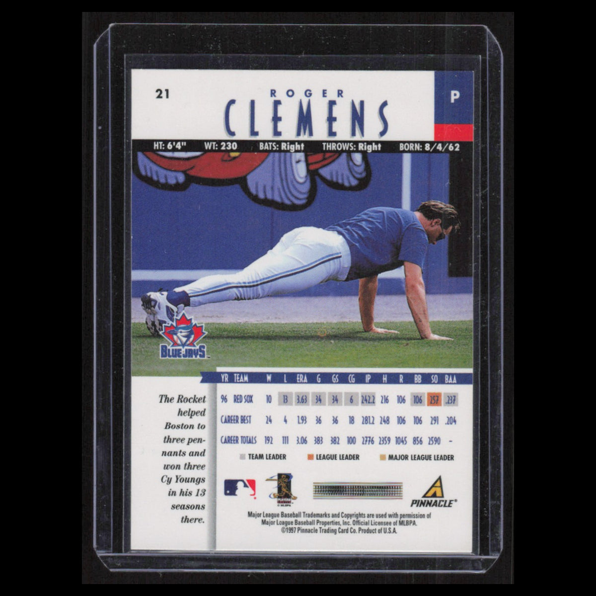 Roger Clemens #21 1997 New Pinnacle Toronto Blue Jays Baseball Card MLB NM