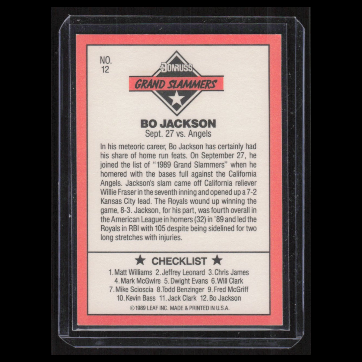 Bo Jackson #12 1990 Donruss Grand Slammers Kansas City Royals Baseball Card MLB