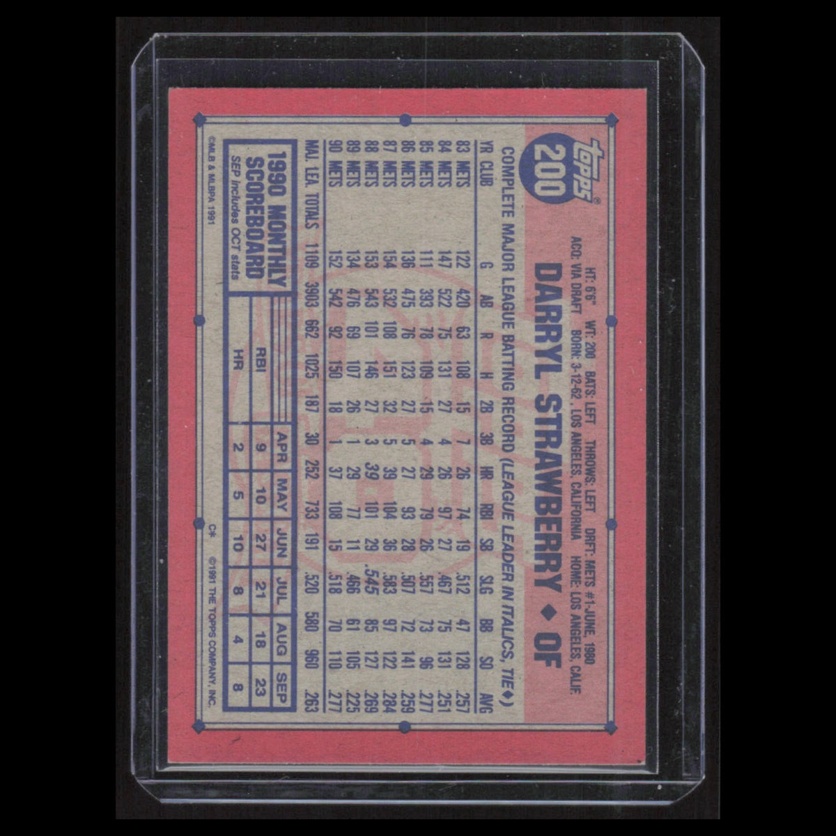 Darryl Strawberry #200 1991 Topps New York Mets Baseball Card MLB NM